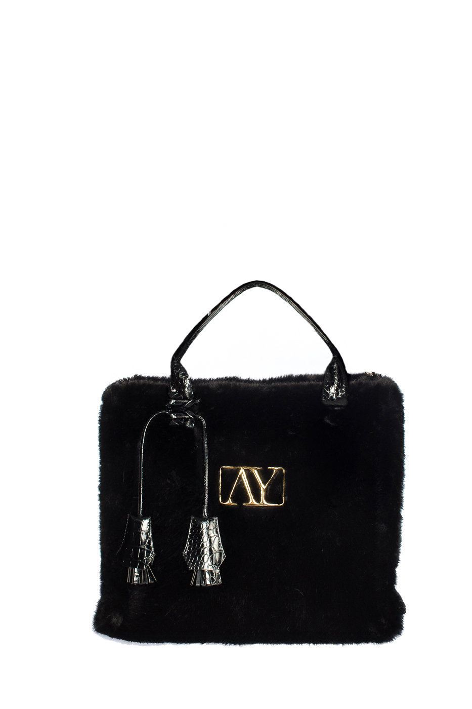BORSA FAKE FUR CON LOGO E MANICO ECOPELLE, 35X30X15